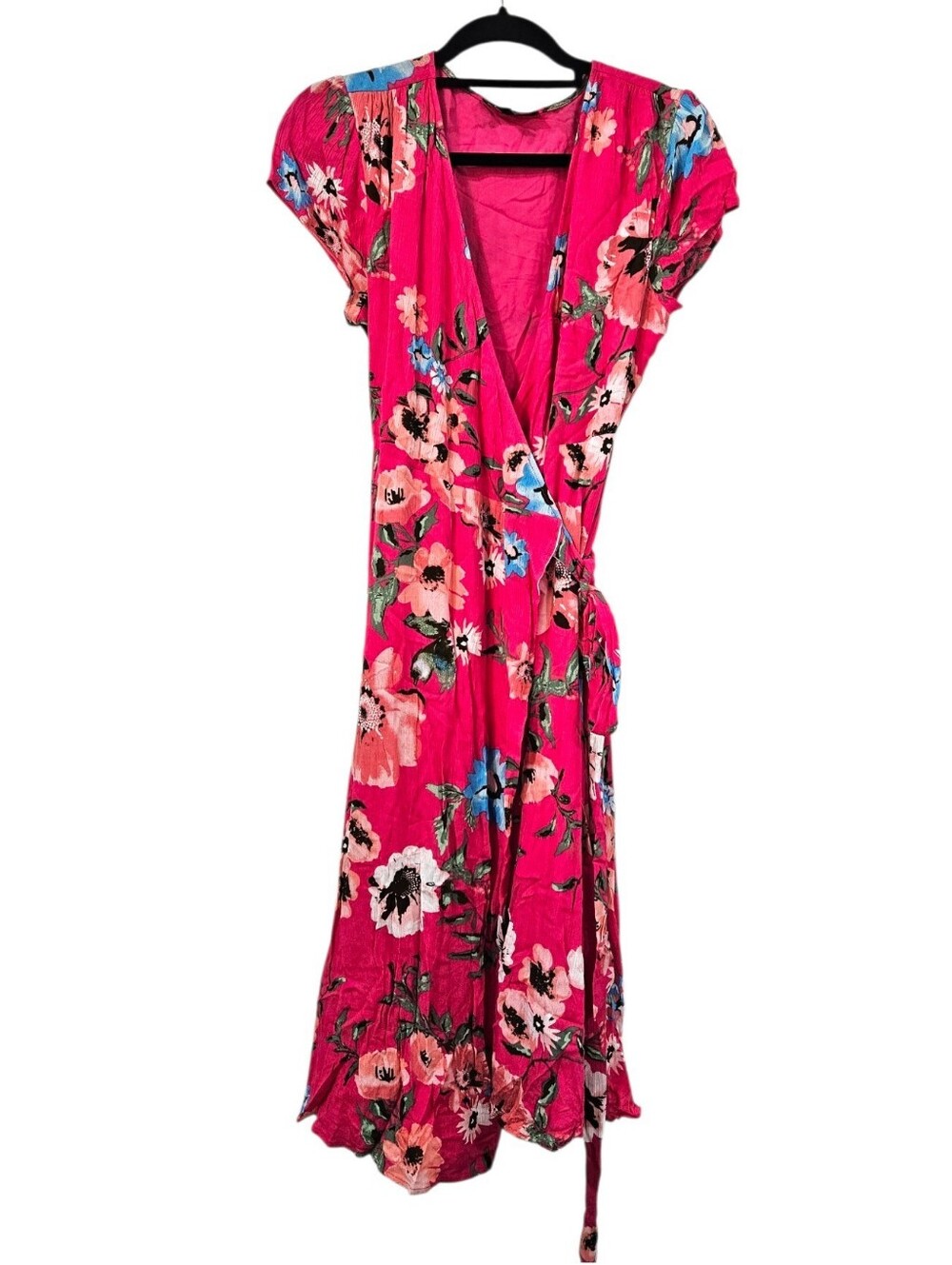 NWOT Lulus Real Life Daydream Hot Pink Floral Print Midi Wrap Dress - Picture 2 of 8